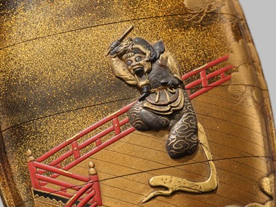 KOMA KORYU AND ISHIGURO MASATSUNE: A FINE METAL-INLAID FOUR CASE INRO WITH A RANRYO-O DANCER