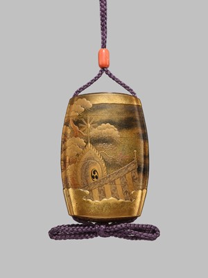 KOMA KORYU AND ISHIGURO MASATSUNE: A FINE METAL-INLAID FOUR CASE INRO WITH A RANRYO-O DANCER