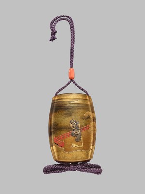 KOMA KORYU AND ISHIGURO MASATSUNE: A FINE METAL-INLAID FOUR CASE INRO WITH A RANRYO-O DANCER