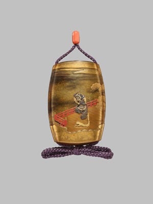 KOMA KORYU AND ISHIGURO MASATSUNE: A FINE METAL-INLAID FOUR CASE INRO WITH A RANRYO-O DANCER