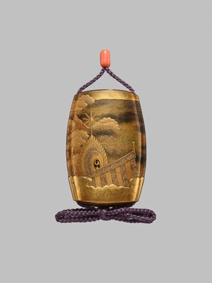KOMA KORYU AND ISHIGURO MASATSUNE: A FINE METAL-INLAID FOUR CASE INRO WITH A RANRYO-O DANCER