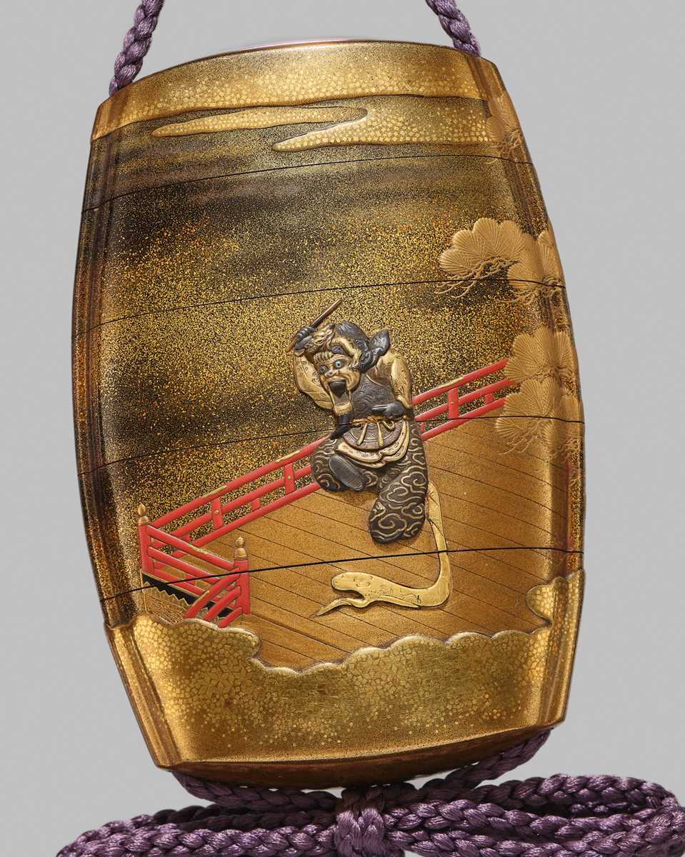 KOMA KORYU AND ISHIGURO MASATSUNE: A FINE METAL-INLAID FOUR CASE INRO WITH A RANRYO-O DANCER