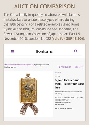 KOMA KORYU AND ISHIGURO MASATSUNE: A FINE METAL-INLAID FOUR CASE INRO WITH A RANRYO-O DANCER