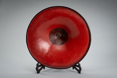 Lot 154 - A LACQUER JINGASA (WAR HAT) WITH THE KEN-MITSUBISHI MON
