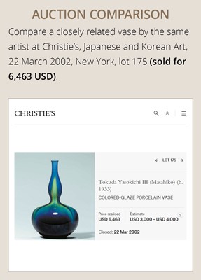 Lot 116 - TOKUDA YASOKICHI III: A FINE KUTANI GLAZED PORCELAIN BOTTLE VASE