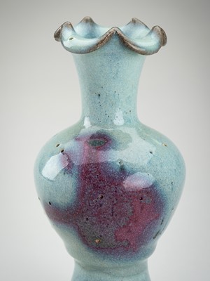 Lot 1855 - A JUN-GLAZED POTTERY VASE, YUAN DYNASTY OR LATER