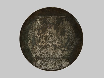 Lot 7 - A LARGE AND INSCRIBED BRONZE VOTIVE PLAQUE, DEPICTING CHAKRASAMVARA IN UNION WITH VAJRAYOGINI