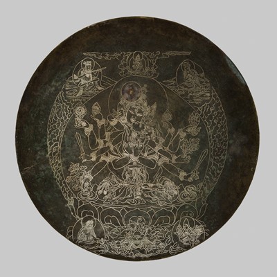 Lot 7 - A LARGE AND INSCRIBED BRONZE VOTIVE PLAQUE, DEPICTING CHAKRASAMVARA IN UNION WITH VAJRAYOGINI