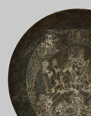 Lot 7 - A LARGE AND INSCRIBED BRONZE VOTIVE PLAQUE, DEPICTING CHAKRASAMVARA IN UNION WITH VAJRAYOGINI