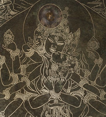 Lot 7 - A LARGE AND INSCRIBED BRONZE VOTIVE PLAQUE, DEPICTING CHAKRASAMVARA IN UNION WITH VAJRAYOGINI