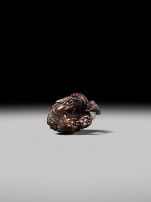 Lot 184 - SUKETADA: A SUPERB WOOD NETSUKE OF A SHISHI WITH PEONY