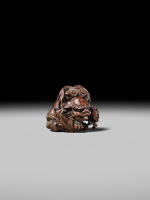 Lot 184 - SUKETADA: A SUPERB WOOD NETSUKE OF A SHISHI WITH PEONY