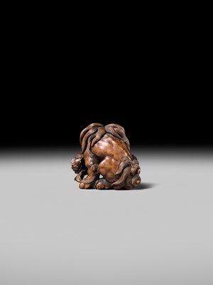 Lot 184 - SUKETADA: A SUPERB WOOD NETSUKE OF A SHISHI WITH PEONY