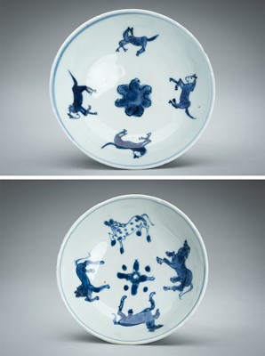 Lot 1868 - TWO BLUE AND WHITE ‘FOUR HORSES’ PORCELAIN BOWLS, 17TH CENTURY