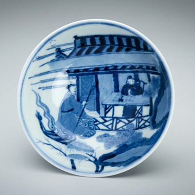 Lot 1751 - A BLUE AND WHITE PORCELAIN BOWL WITH A PALACE SCENE, REBUBLIC PERIOD