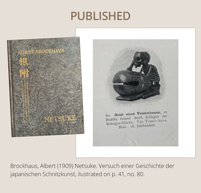 Lot 468 - TOMOKAZU: A WOOD NETSUKE OF A SKELETON AND MOKUGYO