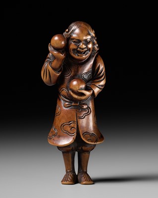 Lot 71 - A RARE WOOD NETSUKE OF A JUGGLING DUTCHMAN