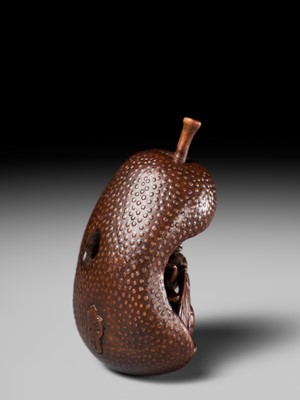 Lot 175 - KOGETSU: A SUPERB NAGOYA SCHOOL NETSUKE OF A WASP INSIDE A DECAYING PEAR