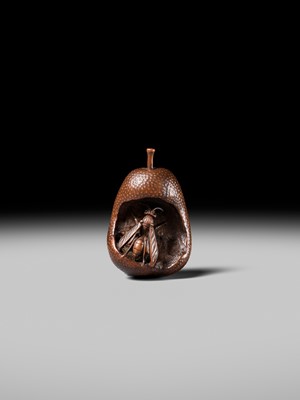 Lot 175 - KOGETSU: A SUPERB NAGOYA SCHOOL NETSUKE OF A WASP INSIDE A DECAYING PEAR