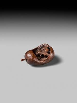 Lot 175 - KOGETSU: A SUPERB NAGOYA SCHOOL NETSUKE OF A WASP INSIDE A DECAYING PEAR