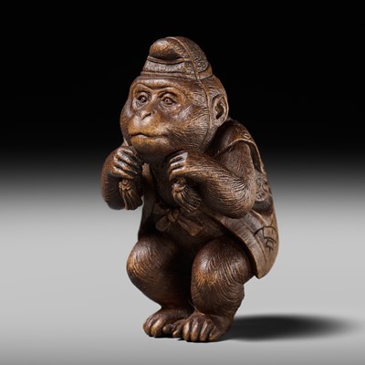 Lot 269 - ISHIDA HOKUSAI: A VERY FINE WOOD NETSUKE OF A MONKEY DRESSED AS A SHINTO PRIEST