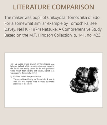 Lot 480 - TOMOHARU: A LARGE AND POWERFUL WOOD NETSUKE OF TWO SHISHI