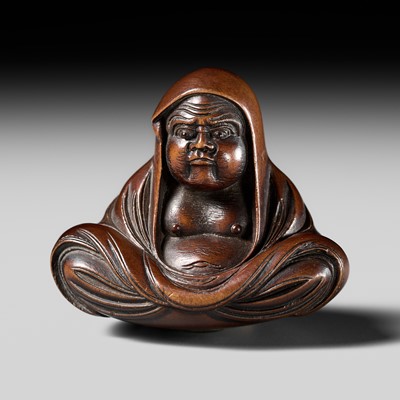 Lot 477 - SHURAKU: A WOOD NETSUKE OF DARUMA