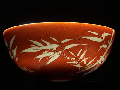 Lot 161 - A FINE AND RARE PAIR OF CORAL-GROUND REVERSE-DECORATED 'BAMBOO' BOWLS, QIANLONG MARK AND PERIOD