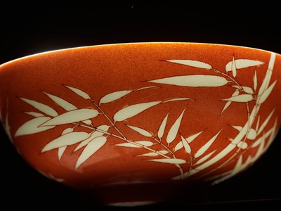 Lot 161 - A FINE AND RARE PAIR OF CORAL-GROUND REVERSE-DECORATED 'BAMBOO' BOWLS, QIANLONG MARK AND PERIOD