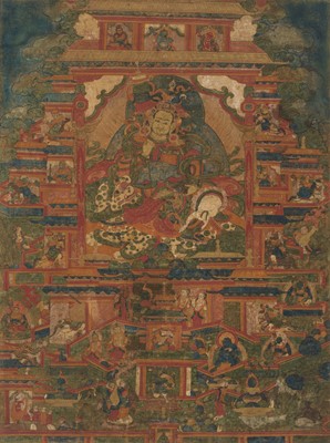 Lot 324 - A RARE THANGKA OF VAISHRAVANA RIDING A LION, TIBET, 16TH CENTURY