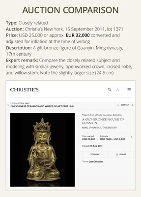 Lot 344 - A GILT BRONZE FIGURE OF ‘WILLOW LEAF’ GUANYIN, BHAISAJYARAJA AVALOKITESHVARA, MING DYNASTY