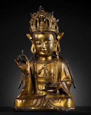 Lot 344 - A GILT BRONZE FIGURE OF ‘WILLOW LEAF’ GUANYIN, BHAISAJYARAJA AVALOKITESHVARA, MING DYNASTY