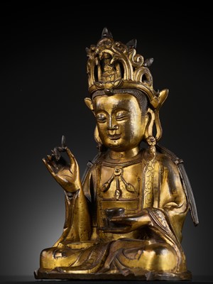Lot 344 - A GILT BRONZE FIGURE OF ‘WILLOW LEAF’ GUANYIN, BHAISAJYARAJA AVALOKITESHVARA, MING DYNASTY