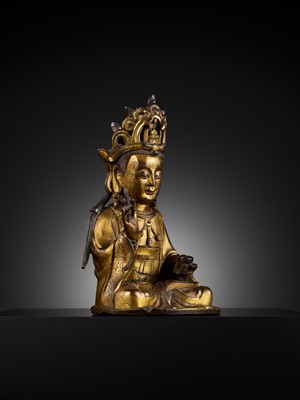 Lot 344 - A GILT BRONZE FIGURE OF ‘WILLOW LEAF’ GUANYIN, BHAISAJYARAJA AVALOKITESHVARA, MING DYNASTY