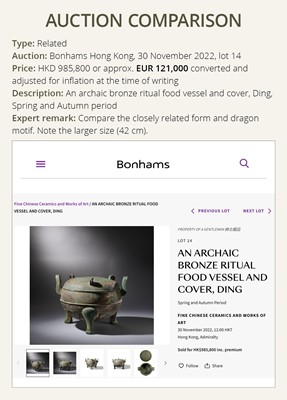 Lot 68 - A LARGE BRONZE RITUAL FOOD VESSEL AND COVER, DING, SPRING AND AUTUMN TO WARRING STATES PERIOD