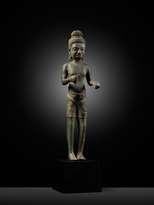 Lot 340 - A BRONZE FIGURE OF A BODHISATTVA, ANGKOR PERIOD, BANTEAY SREI STYLE