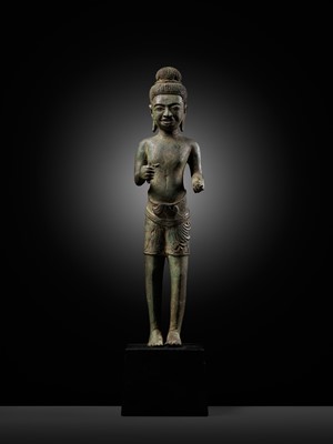 Lot 340 - A BRONZE FIGURE OF A BODHISATTVA, ANGKOR PERIOD, BANTEAY SREI STYLE