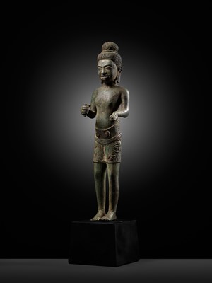 Lot 340 - A BRONZE FIGURE OF A BODHISATTVA, ANGKOR PERIOD, BANTEAY SREI STYLE