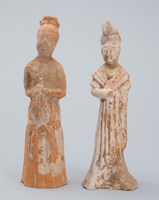 A LOT WITH TWO POTTERY TOMB FIGURES OF COURT LADIES, TANG DYNASTY