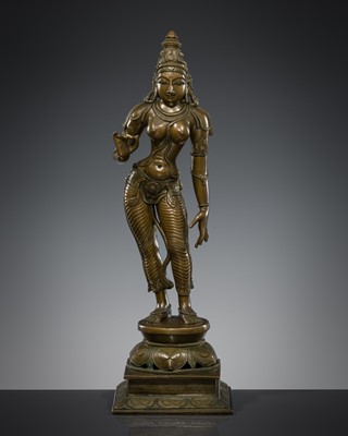 Lot 630 - A BRONZE FIGURE OF PARVATI, SOUTH INDIA, NAYAK DYNASTY PERIOD