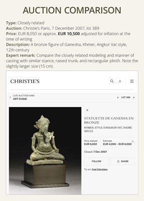 Lot 265 - A FINE BRONZE FIGURE OF GANESHA, KHMER EMPIRE, ANGKOR WAT STYLE