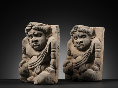 Lot 525 - A PAIR OF FIGURAL POTTERY TILES DEPICTING ATLANTES, XI XIA DYNASTY