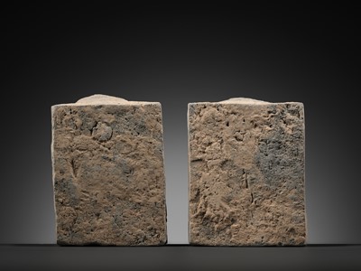 Lot 525 - A PAIR OF FIGURAL POTTERY TILES DEPICTING ATLANTES, XI XIA DYNASTY