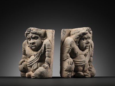 Lot 525 - A PAIR OF FIGURAL POTTERY TILES DEPICTING ATLANTES, XI XIA DYNASTY