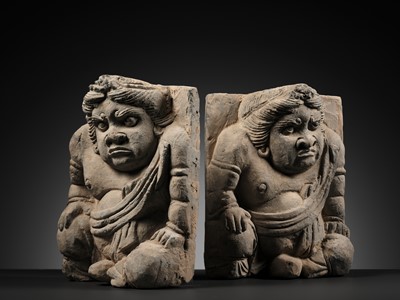 Lot 525 - A PAIR OF FIGURAL POTTERY TILES DEPICTING ATLANTES, XI XIA DYNASTY