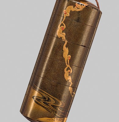 Lot 1 - A FIVE-CASE LACQUER INRO WITH A CHAIN OF GIBBONS