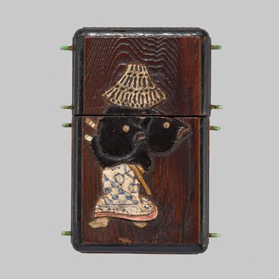 Lot 406 - KAN: A CERAMIC-INLAID AND LACQUERED WOOD SAGEMONO CASE WITH SAMURAI AND WILLOW TREE