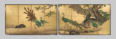 Lot 234 - UNKOKU TOKAKU: A RARE AND IMPRESSIVE PAIR OF FOUR-PANEL BYOBU (FOLDING SCREENS) DEPICTING PEACOCKS