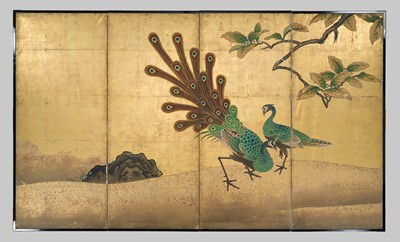 Lot 234 - UNKOKU TOKAKU: A RARE AND IMPRESSIVE PAIR OF FOUR-PANEL BYOBU (FOLDING SCREENS) DEPICTING PEACOCKS