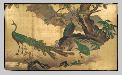 Lot 234 - UNKOKU TOKAKU: A RARE AND IMPRESSIVE PAIR OF FOUR-PANEL BYOBU (FOLDING SCREENS) DEPICTING PEACOCKS